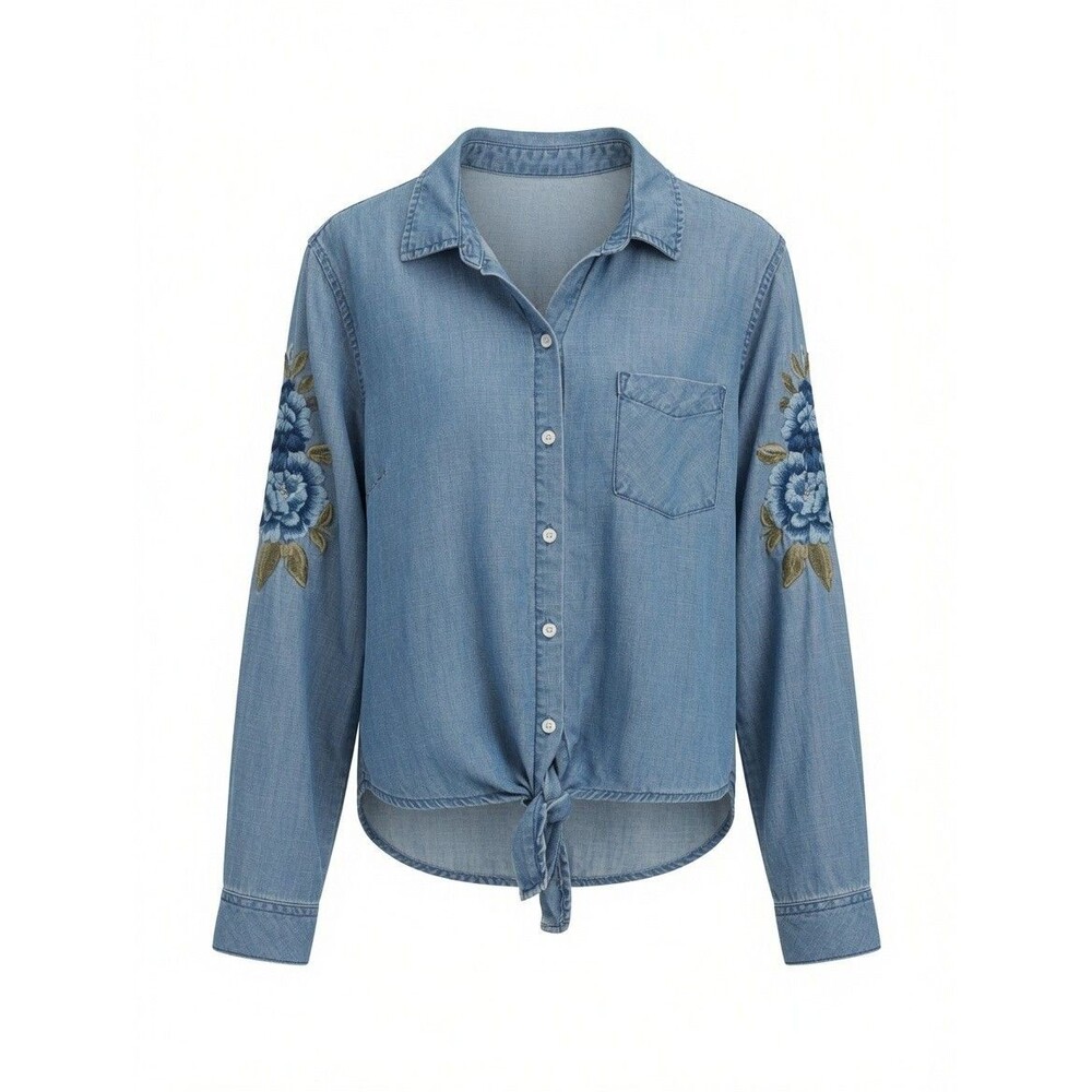 Stetson Chambray Denim Shirt Womens M Blue Floral Embroidered L/S Tie Front Date